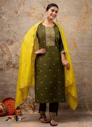 Green Embroidered and Zari Work Silk Blend Readymade Style