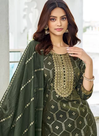 Green Embroidered, Foil Print and Zari Work Shimmer Salwar Suit