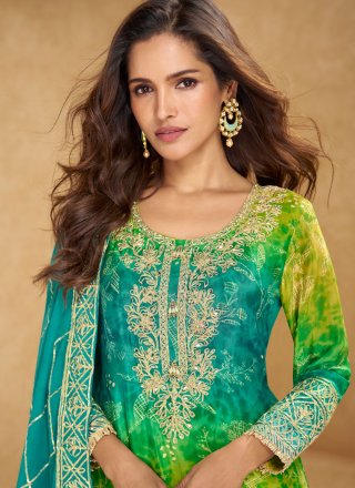 Green Embroidered, Gota, Mirror and Zari Work Chinon Readymade Style