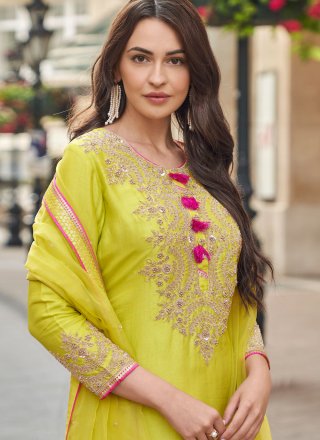 Green Embroidered, Moti, Sequins and Zari Work Silk Salwar Suit