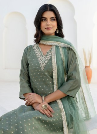 Green Embroidered Work Chanderi Silk Pant Style Suit