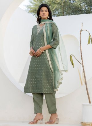 Green Embroidered Work Chanderi Silk Pant Style Suit