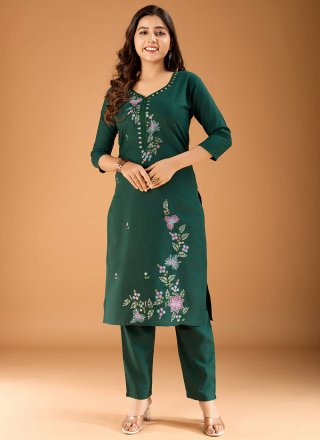 Green Embroidered Work Cotton Designer Kurti