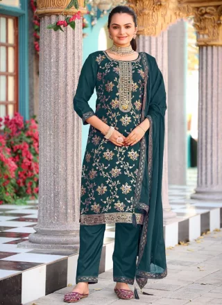 Green Embroidered Work Jacquard Pant Style Suit