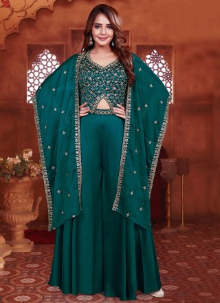 Green Embroidered Work Silk Salwar Suit