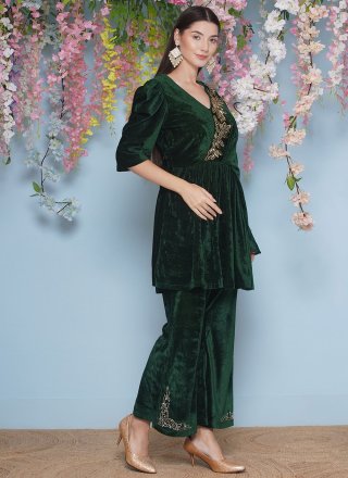Green Embroidered Work Velvet Gown
