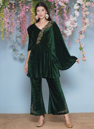 Green Embroidered Work Velvet Gown