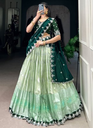 Green Fancy Fabric Embroidered, Lace, Sequins, Thread, Weaving and Zari Work A - Line Lehenga Choli