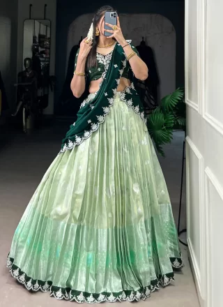 Green Fancy Fabric Embroidered, Lace, Sequins, Thread, Weaving and Zari Work A - Line Lehenga Choli