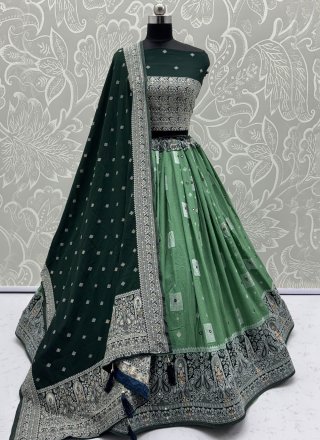 Green Fancy, Jacquard, Mirror and Zari Work Georgette A - Line Lehenga Choli