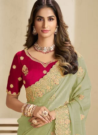 Green Fandy Trendy Saree with Patch Border, Cut, Embroidered, Stone and Zari Work