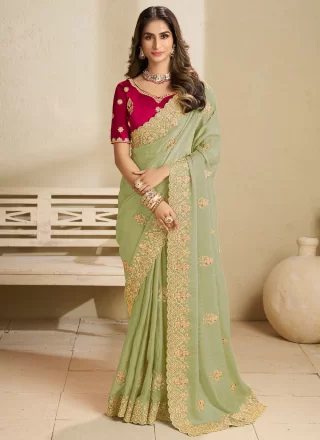 Green Fandy Trendy Saree with Patch Border, Cut, Embroidered, Stone and Zari Work