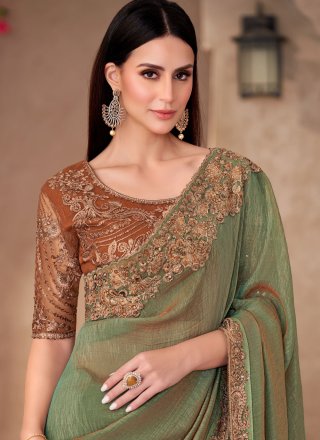 Green Faux Chiffon Patch Border, Embroidered and Lace Work Designer Saree for Ceremonial