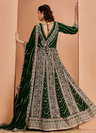 Green Faux Georgette Anarkali Suit with Embroidered and Sequins Work for Ceremonial