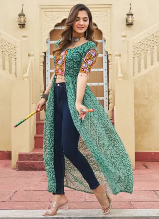 Green Faux Georgette Designer Kurti with Gamthi, Patch Border and Print Work