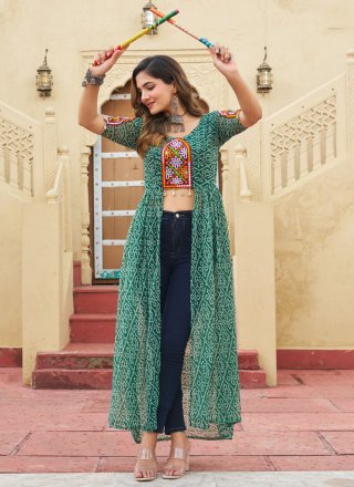 Green Faux Georgette Designer Kurti with Gamthi, Patch Border and Print Work