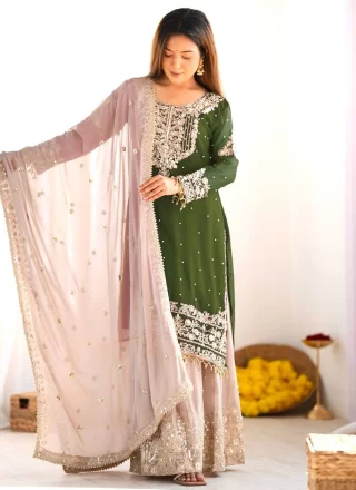Green Faux Georgette Embroidered, Sequins and Zari Work Salwar Suit for Ceremonial