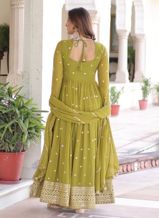 Green Faux Georgette Gown with Embroidered, Sequins and Zari Work for Festival