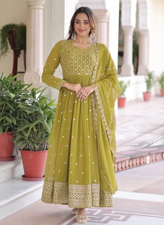 Green Faux Georgette Gown with Embroidered, Sequins and Zari Work for Festival