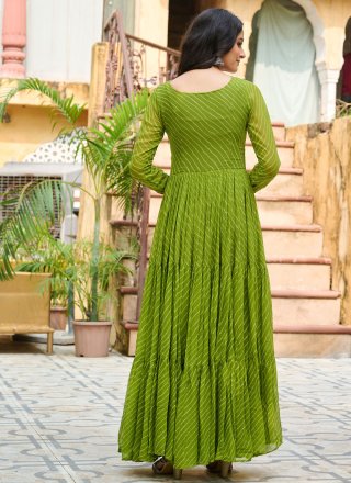 Green Faux Georgette Gown with Gamthi and Print Work for Ceremonial
