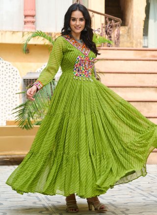 Green Faux Georgette Gown with Gamthi and Print Work for Ceremonial