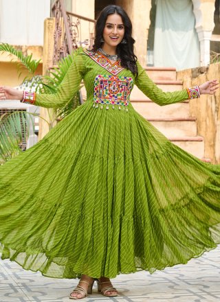 Green Faux Georgette Gown with Gamthi and Print Work for Ceremonial