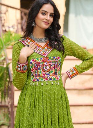 Green Faux Georgette Gown with Gamthi and Print Work for Ceremonial