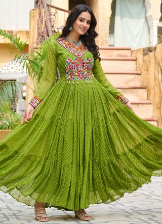 Green Faux Georgette Gown with Gamthi and Print Work for Ceremonial