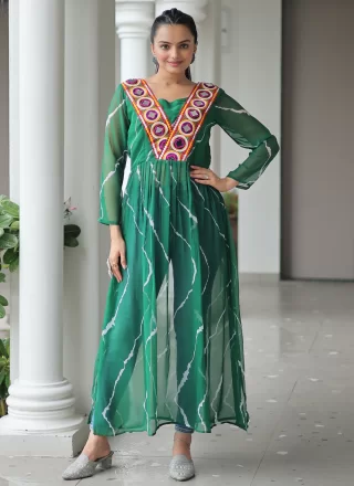 Green Faux Georgette Patch Border and Print Work Designer Kurti