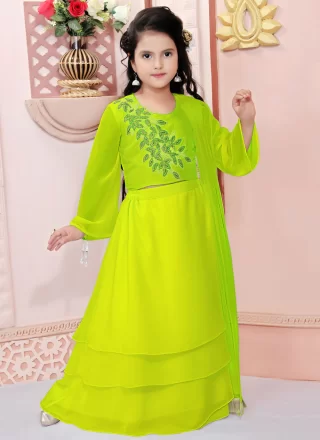 Green Faux Georgette Plain Work Readymade Lehenga Choli for Ceremonial