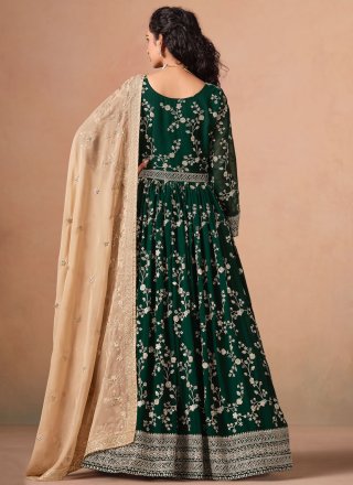 Green Faux Georgette Readymade Salwar Suit with Embroidered and Sequins Work