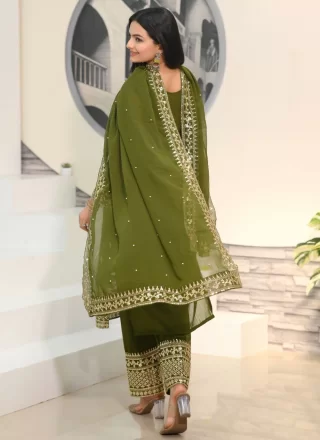 Green Faux Georgette Readymade Style with Embroidered, Sequins and Zari Work