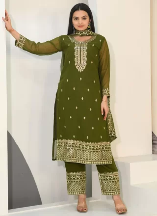 Green Faux Georgette Readymade Style with Embroidered, Sequins and Zari Work
