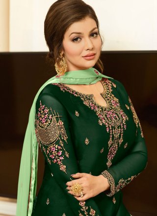 Green Faux Georgette Salwar Suit with Embroidered and Resham Work for Ceremonial