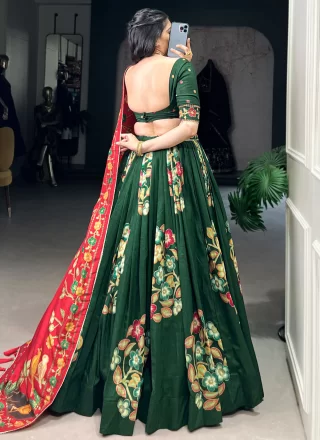 Green Floral Patch, Foil Print and Lace Work Tussar Silk Lehenga Choli