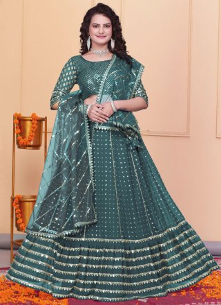 Green Georgette A - Line Lehenga Choli with Sequins, Thread and Zari Work