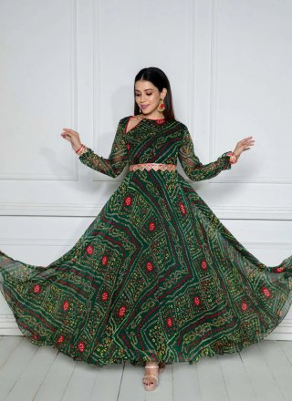 Green Georgette Bandhej Work Gown
