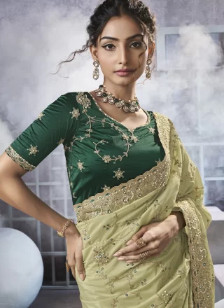 Green Georgette Beads, Cord, Cut, Embroidered and Thread Work Classic Saree for Ceremonial