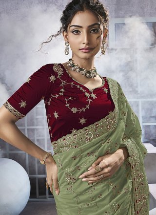 Green Georgette Beads, Cord, Cut, Embroidered and Thread Work Trendy Saree for Ceremonial