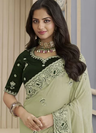 Green Georgette Beads, Cord, Embroidered and Thread Work Contemporary Sari for Engagement