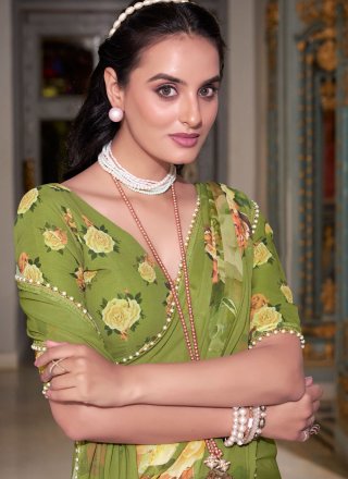 Green Georgette Classic Saree with Patch Border, Lace, Pearls and Print Work