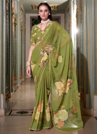 Green Georgette Classic Saree with Patch Border, Lace, Pearls and Print Work