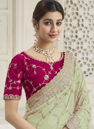 Green Georgette Contemporary Sari with Cord, Embroidered, Hand, Thread, Zari and Zircon Work