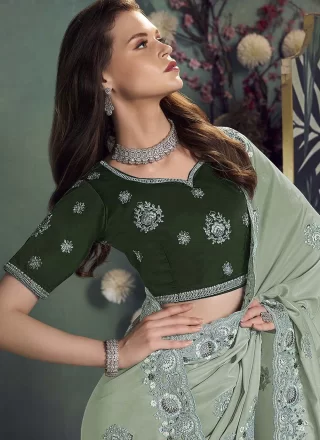 Green Georgette Cord, Cut, Embroidered and Zari Work Contemporary Saree for Ceremonial