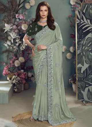 Green Georgette Cord, Cut, Embroidered and Zari Work Contemporary Saree for Ceremonial