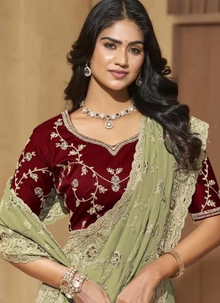 Green Georgette Cord, Diamond and Thread Work Contemporary Saree for Ceremonial