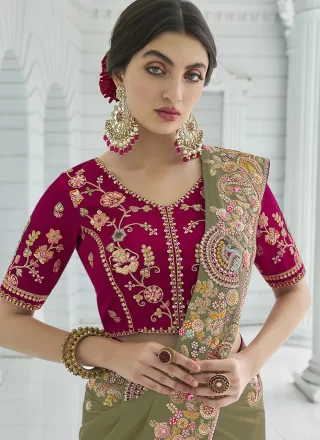 Green Georgette Cord, Diamond, Embroidered, Moti, Sequins and Thread Work Trendy Saree for Ceremonial