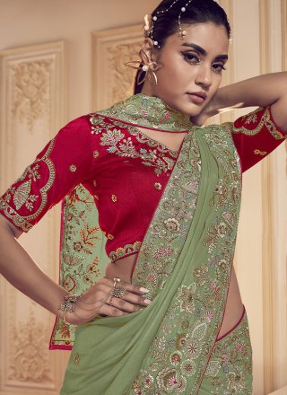 Green Georgette Cord, Hand, Sequins, Thread and Zari Work Designer Saree for Ceremonial