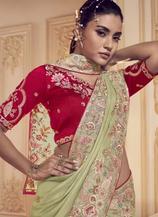 Green Georgette Cord, Hand, Sequins, Thread and Zari Work Traditional Saree