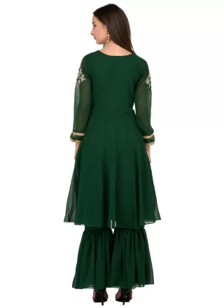 Green Georgette Embroidered and Patch Border Work Sharara Set